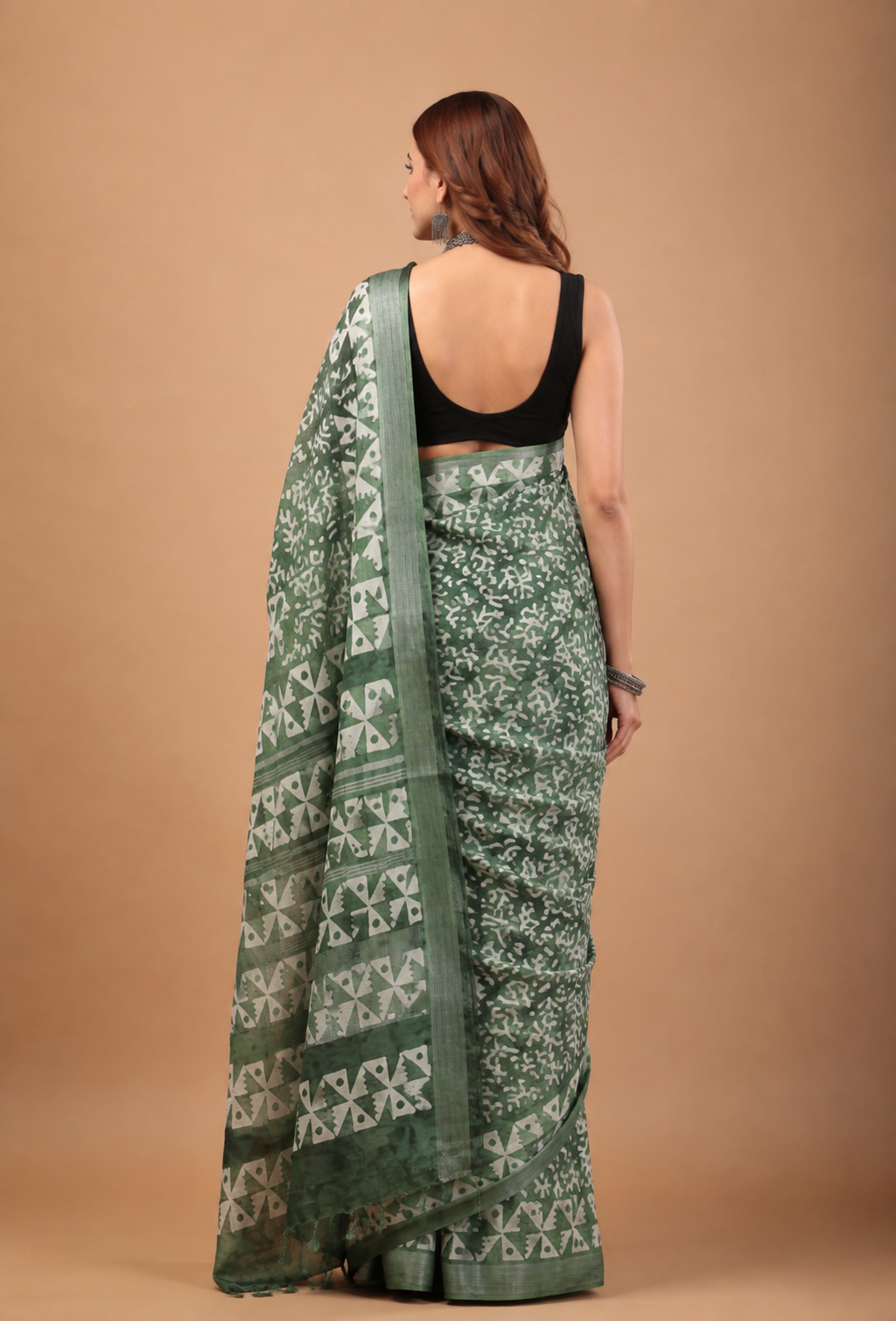 Green Linen Saree - Breathable Handblock Print Drapes