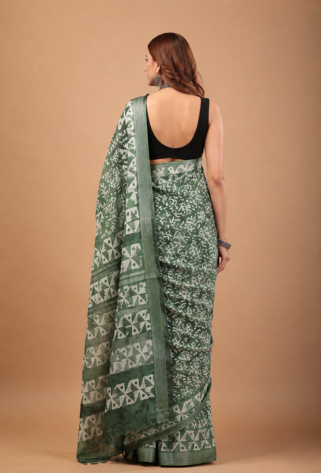Green Linen Saree - Breathable Handblock Print Drapes