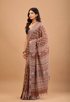 Brown Linen Saree - Breathable Handblock Print Drapes