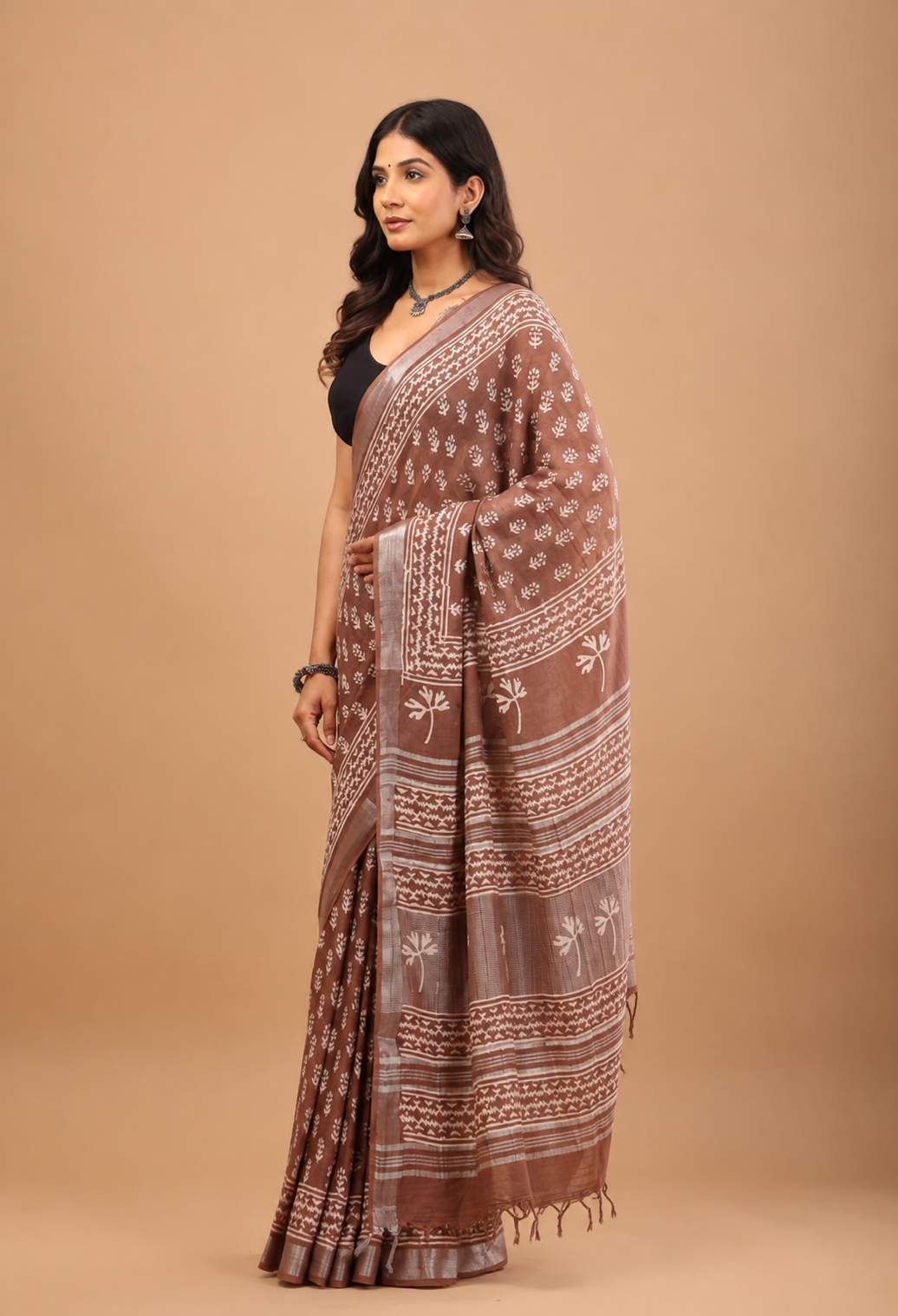 Brown Linen Saree - Breathable Handblock Print Drapes