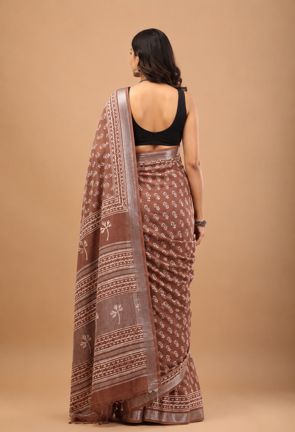 Brown Linen Saree - Breathable Handblock Print Drapes