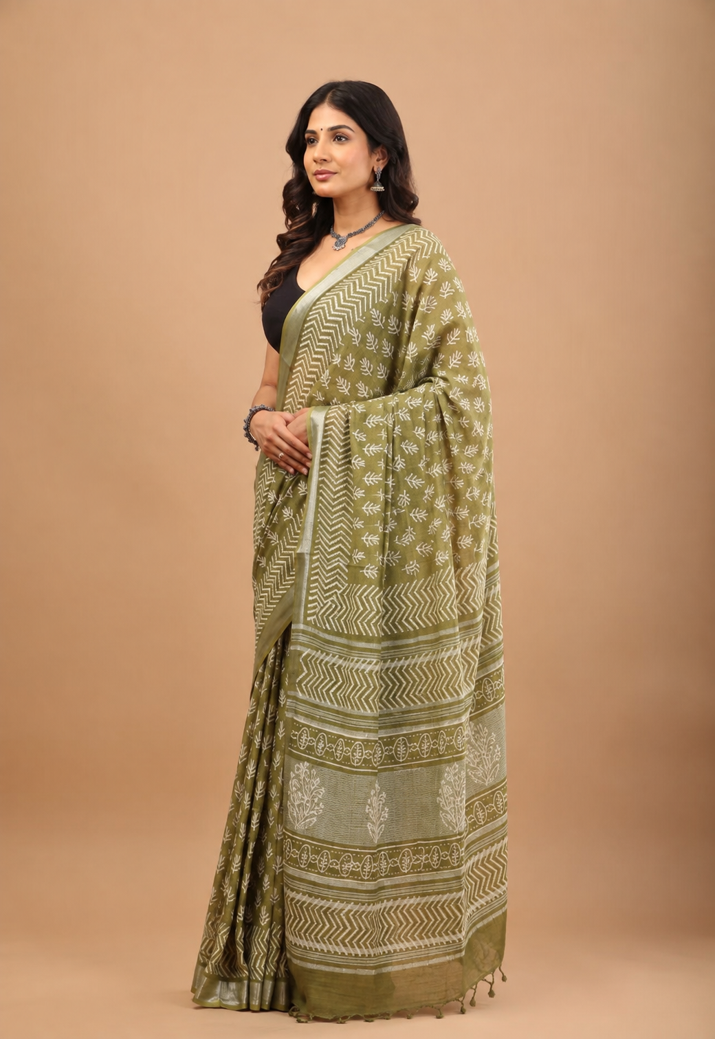 Mehndi Linen Saree - Effortless Breathable Handblock Print