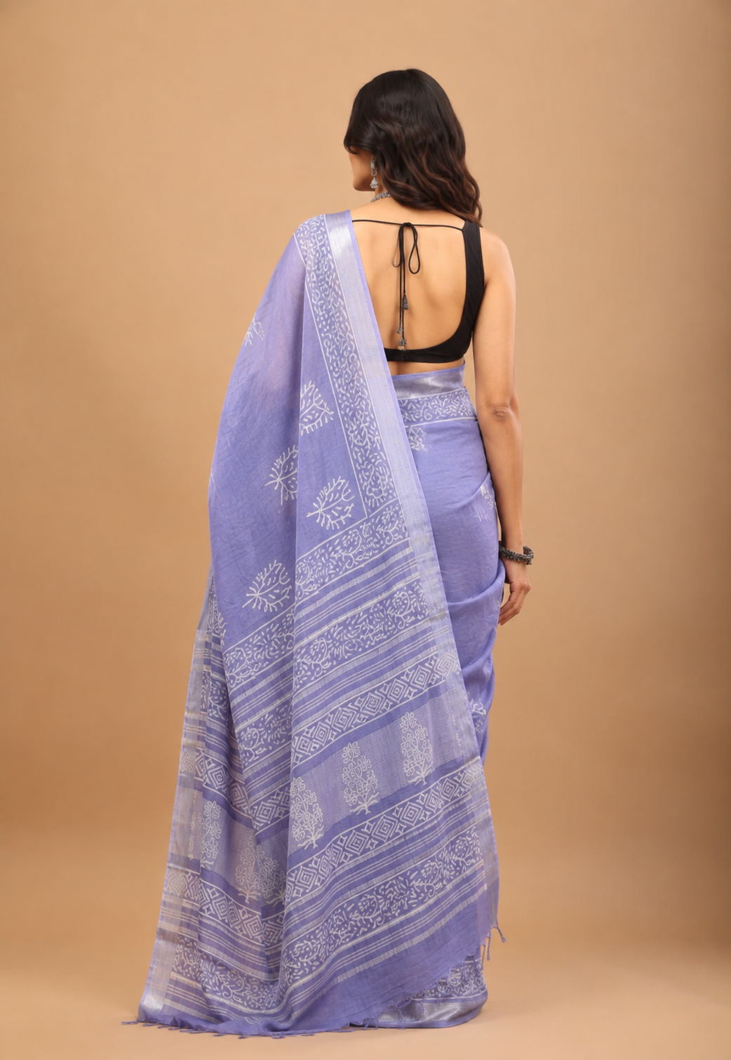 Lavender Linen Saree - Breathable Handblock Print Drape