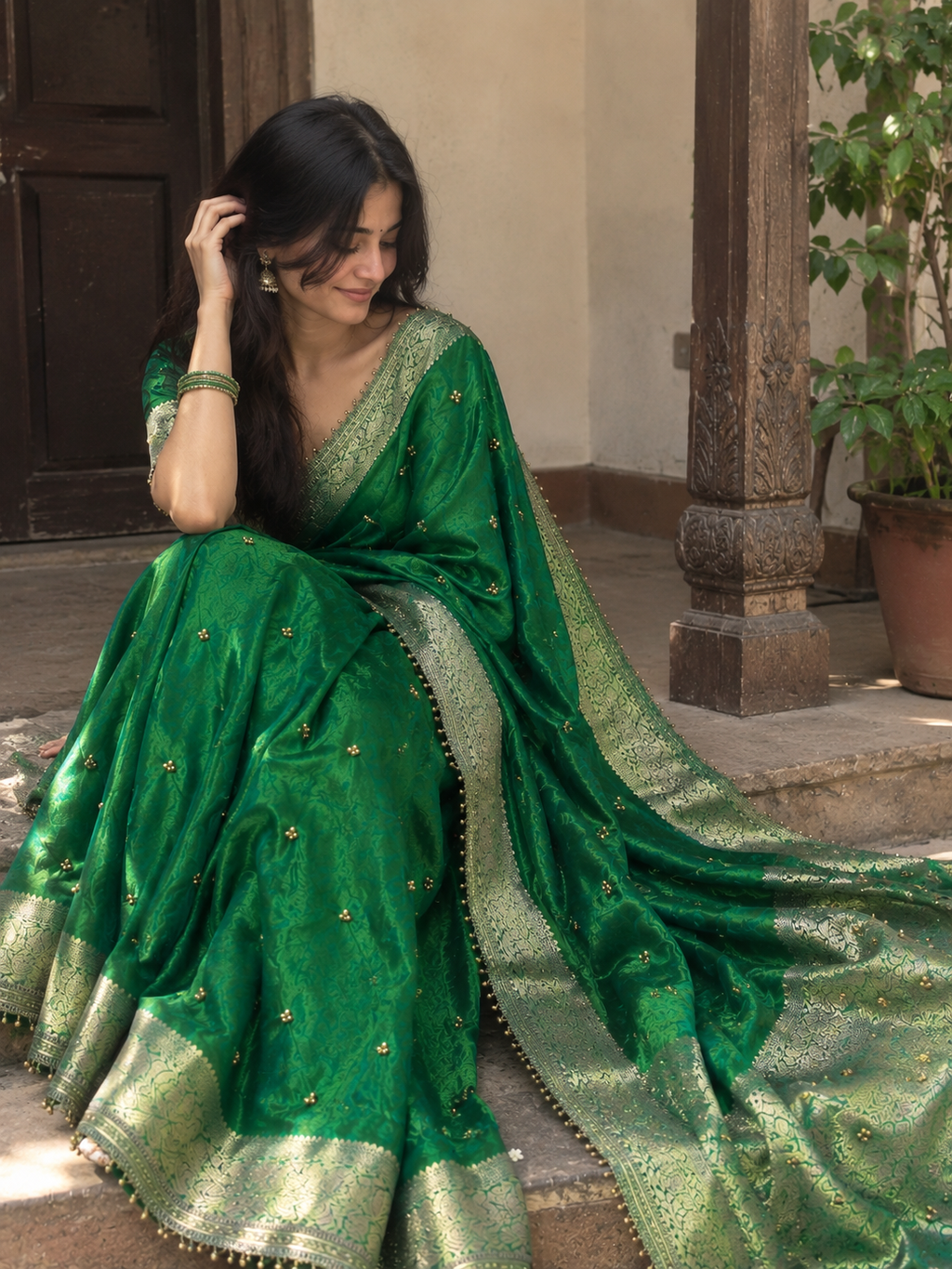 Green Banarasi Tissue Saree with Ghungroo Work
