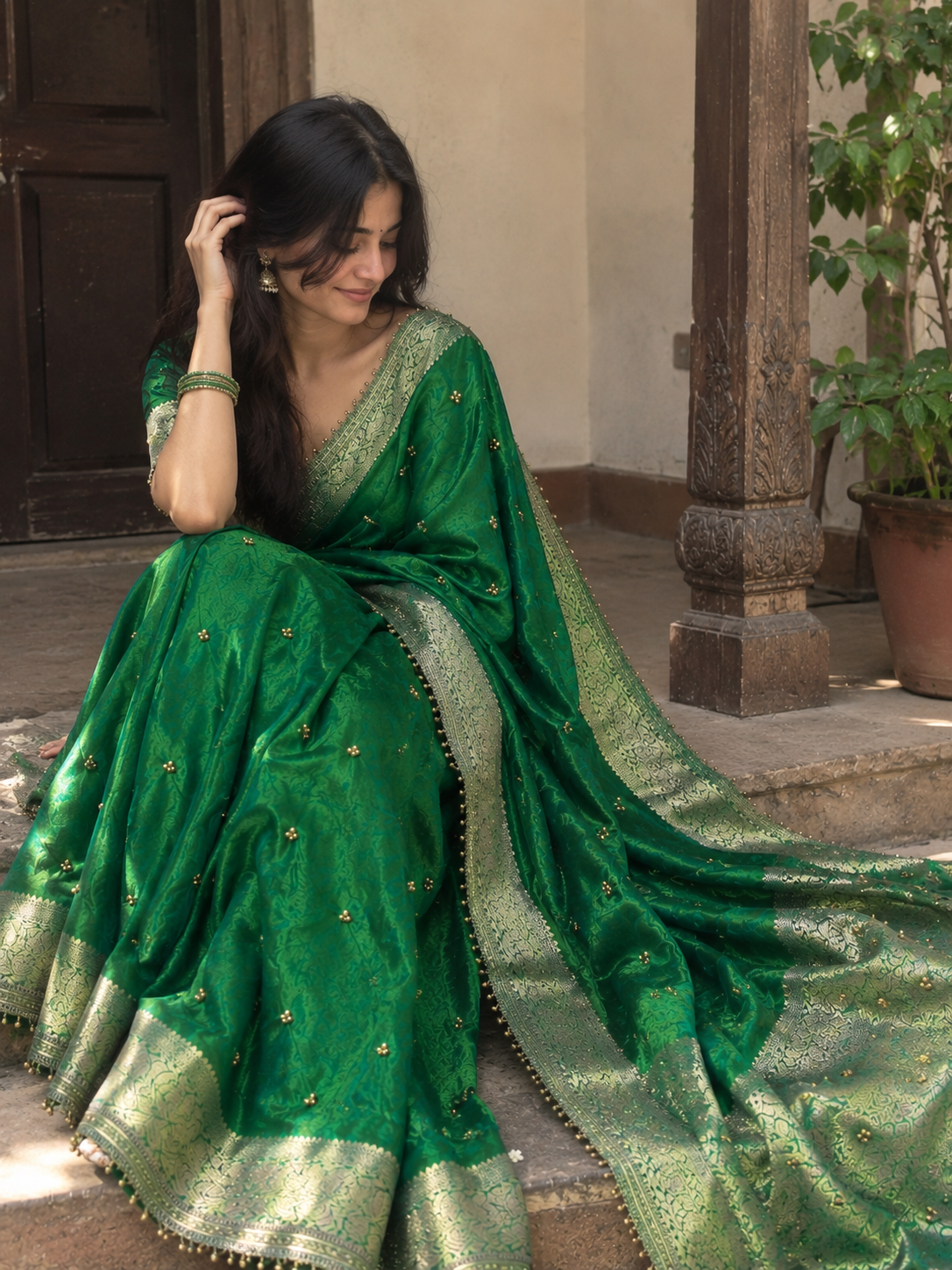 Green Banarasi Tissue Saree with Ghungroo Work