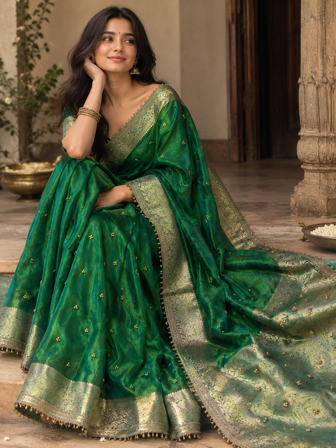 Green Banarasi Tissue Saree with Ghungroo Work