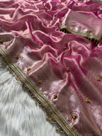 Baby Pink Banarasi Tissue Saree with Ghungroo