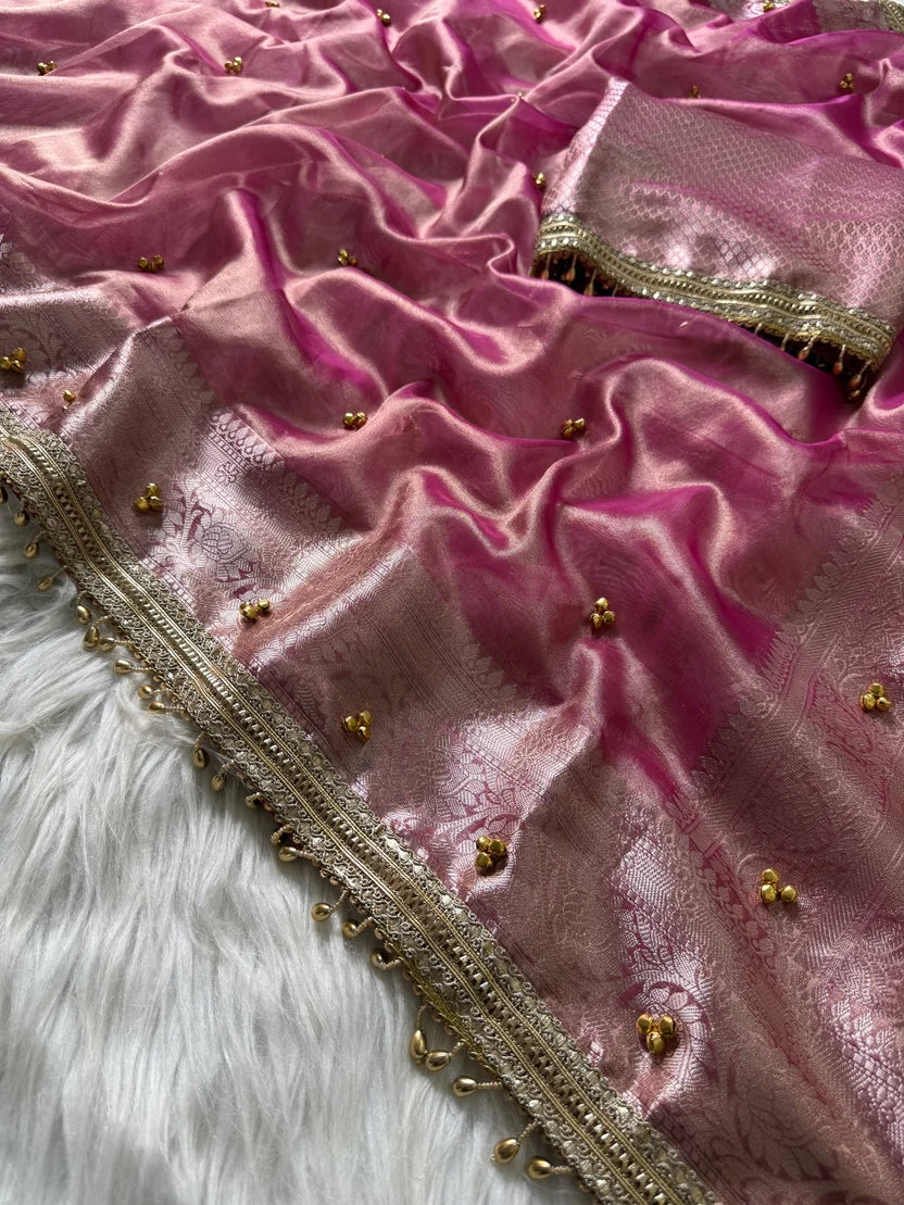 Baby Pink Banarasi Tissue Saree with Ghungroo