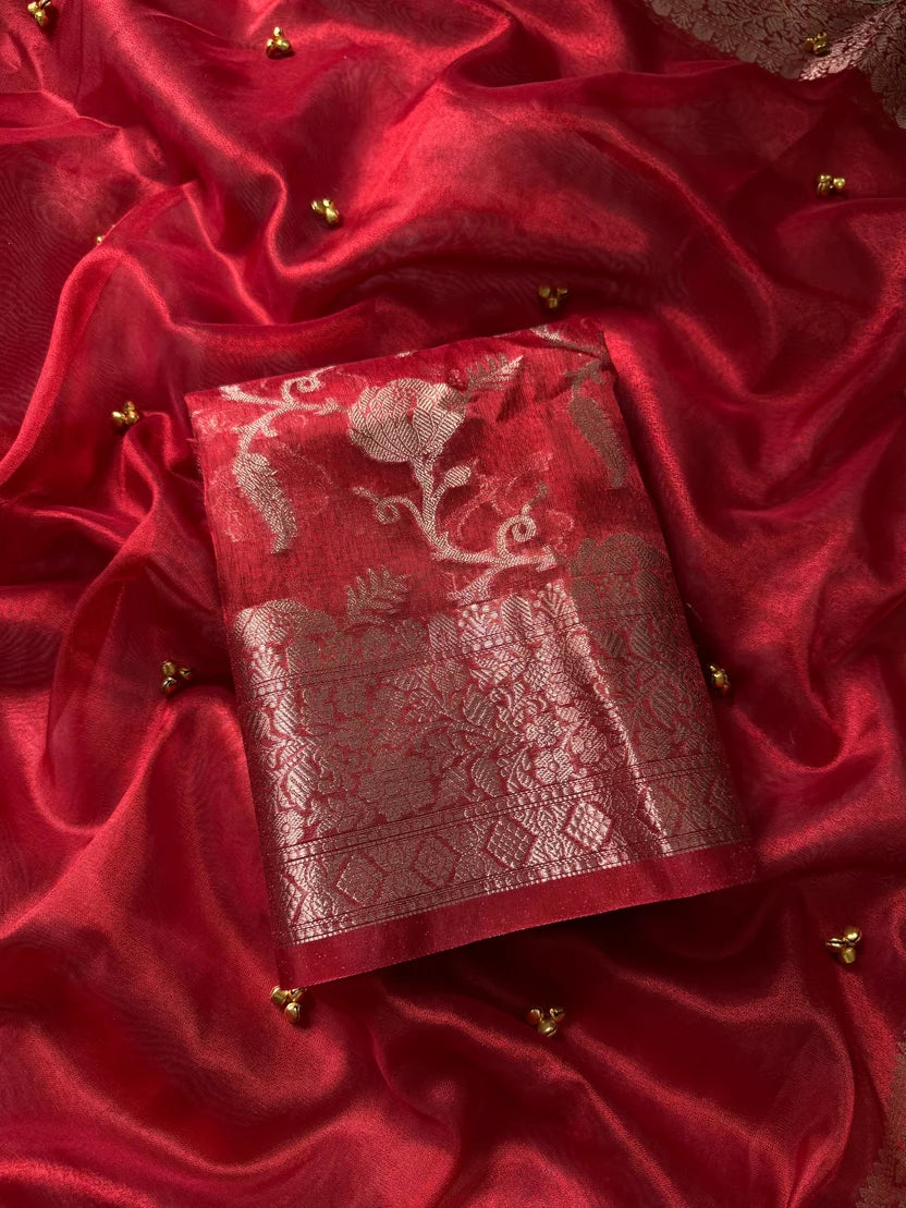 Red Banarasi Tissue Saree with Ghungroo