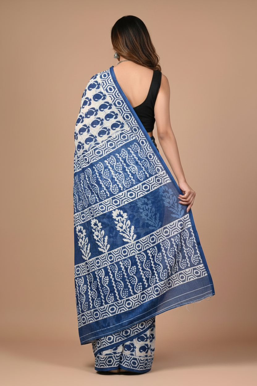 Back View - Indigo Handblock Saree
