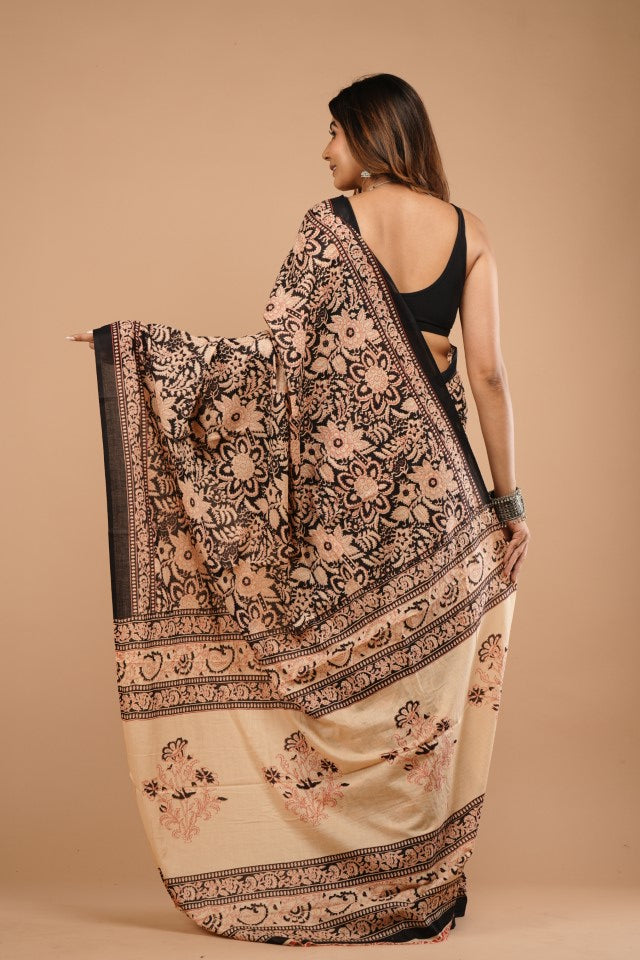 Black Sanganeri Cotton Mulmul Saree | Handblock Printed