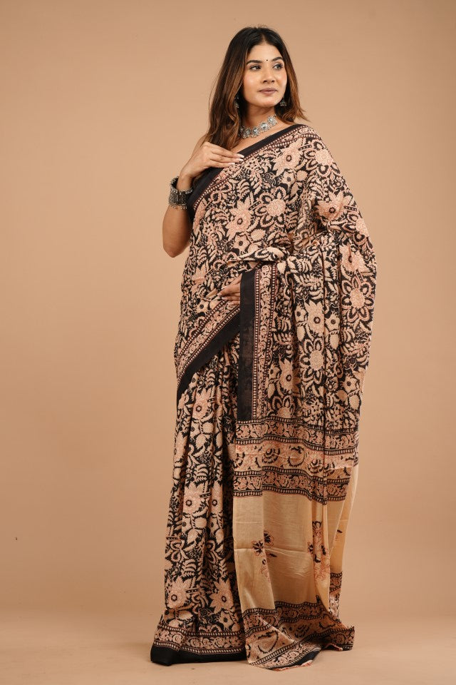 Black Sanganeri Cotton Mulmul Saree | Handblock Printed