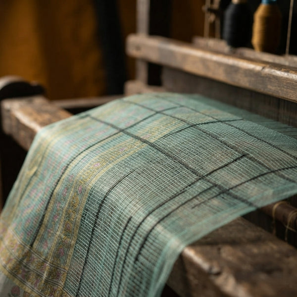 Close-up of translucent sea green Kota Doriya fabric showing the square weave pattern on a traditional wooden loom.