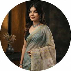 Shweta Tripathi wearing a sea green handblock Kota Doriya saree with small butti prints and a golden border.
