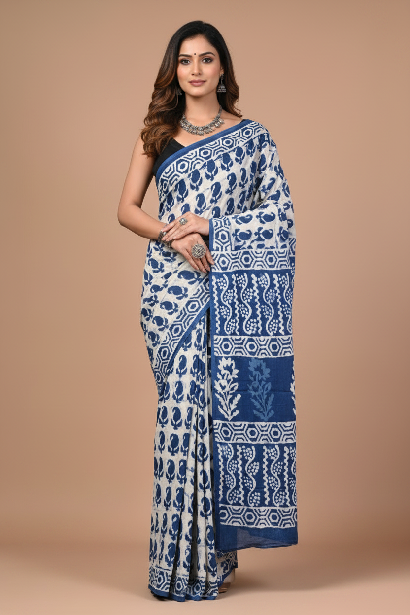 Indigo Handblock Saree - New Face & Hairstyle