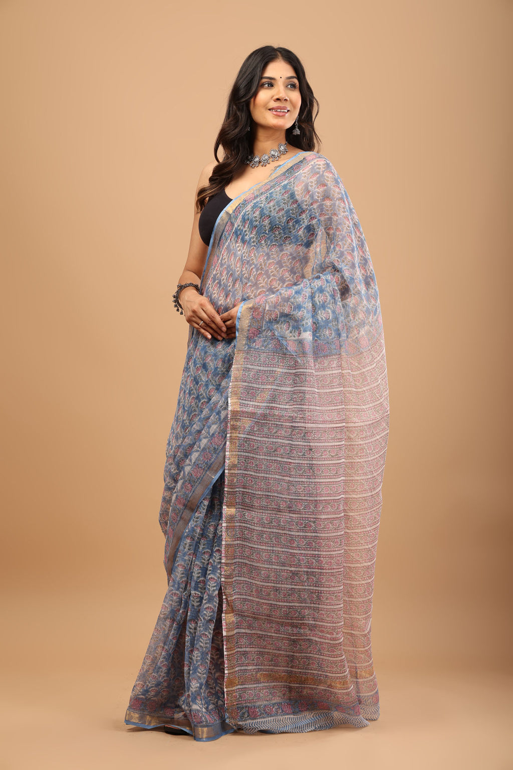 Sky Blue Kota Doriya Saree - Breathable Handblock Print