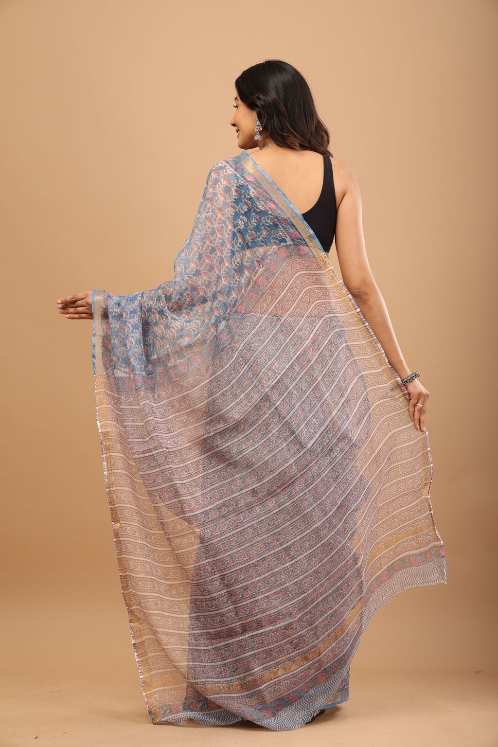 Sky Blue Kota Doriya Saree - Breathable Handblock Print