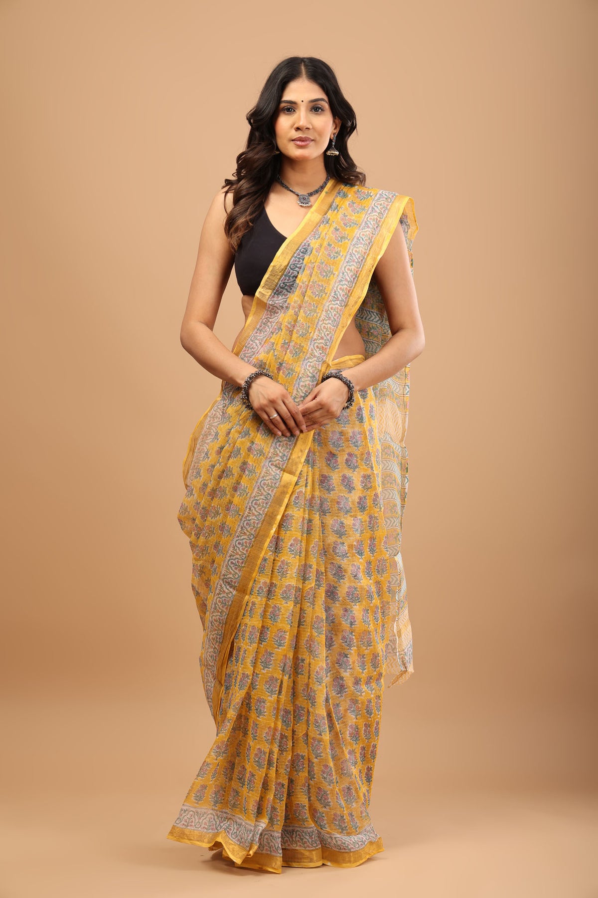 Yellow Kota Doriya Saree - Lightweight Handblock Print