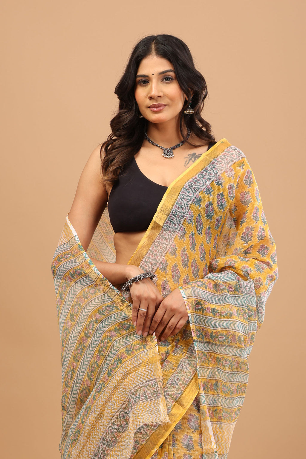 Yellow Kota Doriya Saree - Lightweight Handblock Print