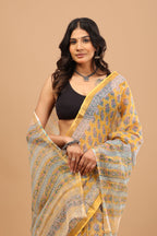 Yellow Kota Doriya Saree - Lightweight Handblock Print