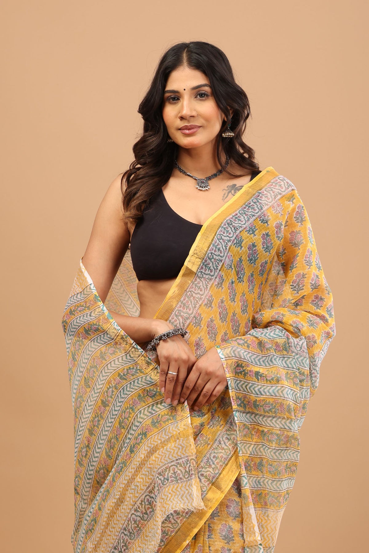 Yellow Kota Doriya Saree - Lightweight Handblock Print