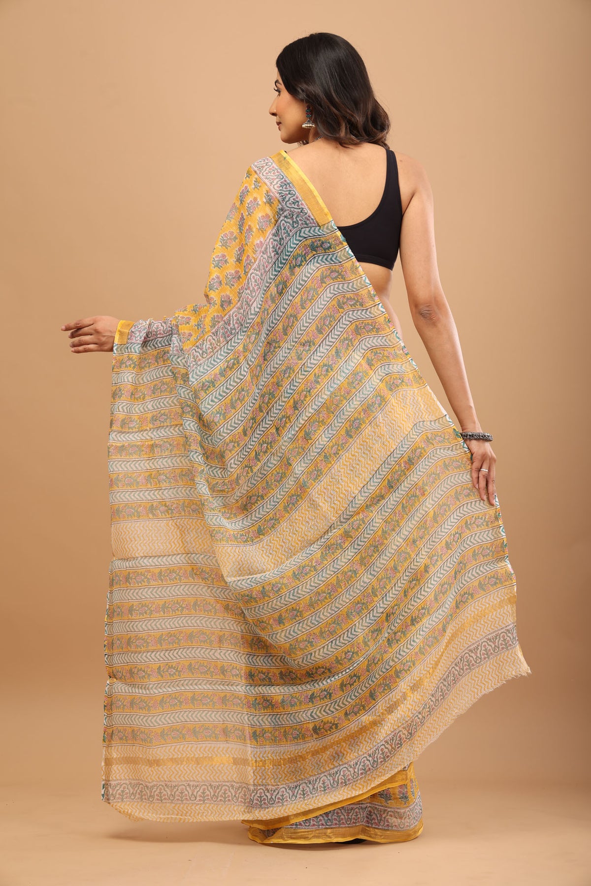 Yellow Kota Doriya Saree - Lightweight Handblock Print