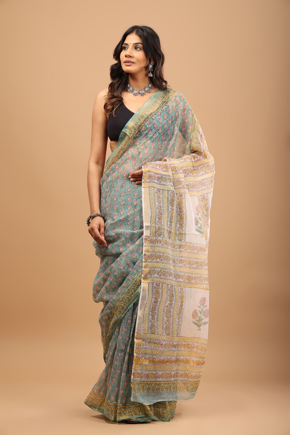 Sea Green Kota Doriya Saree - Breathable Handblock Print