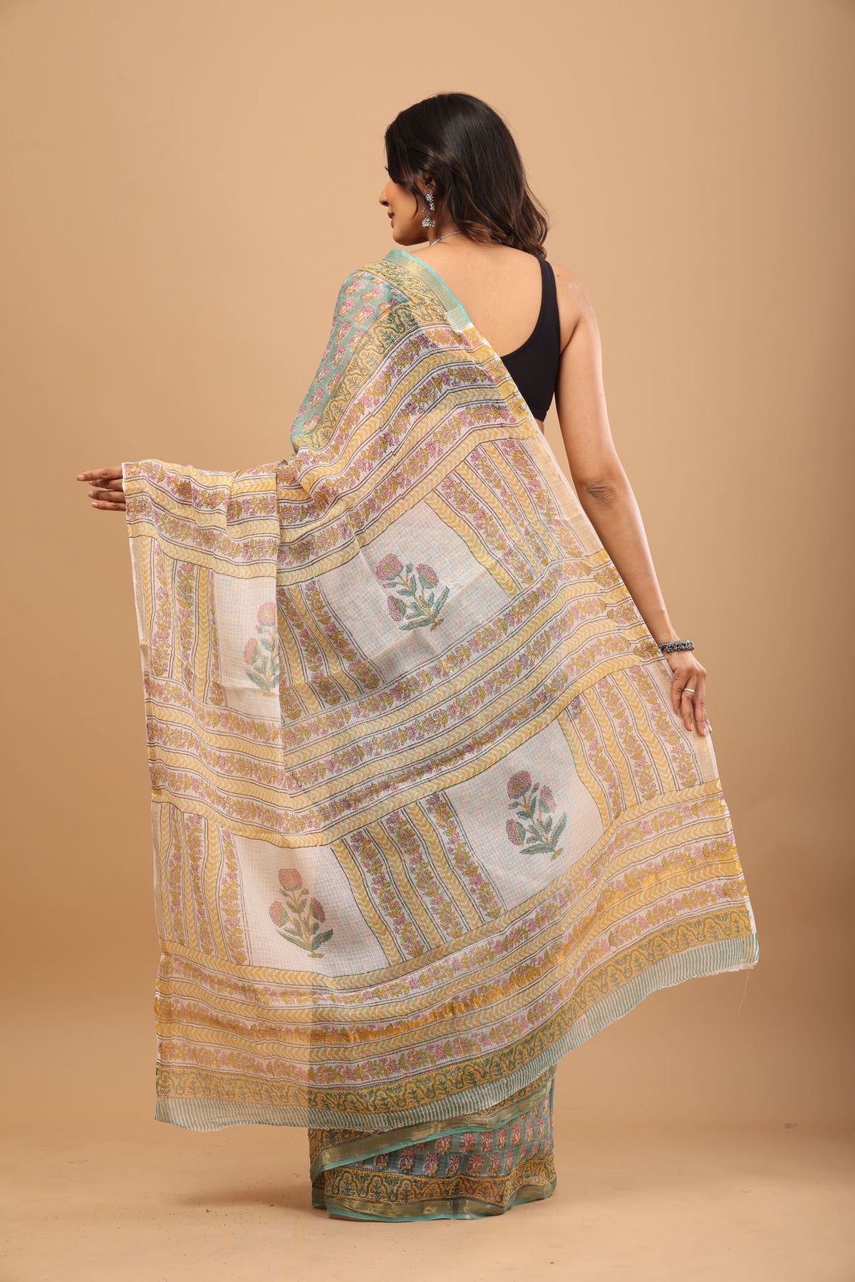 Sea Green Kota Doriya Saree - Breathable Handblock Print