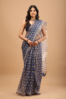 Blue Kota Doriya Saree - Handblock Print with Golden Border
