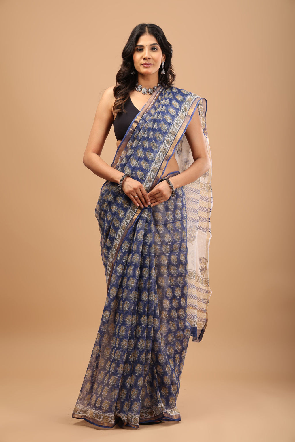 Blue Kota Doriya Saree - Handblock Print with Golden Border