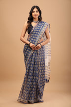 Blue Kota Doriya Saree - Handblock Print with Golden Border
