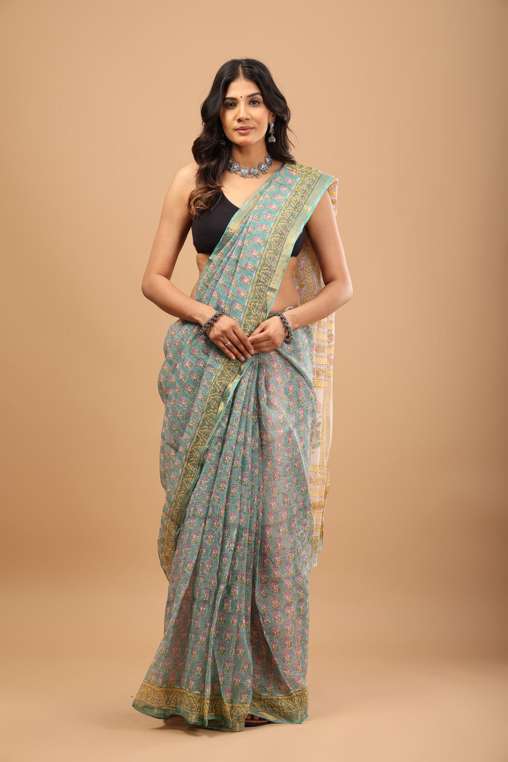 Sea Green Kota Doriya Saree - Breathable Handblock Print