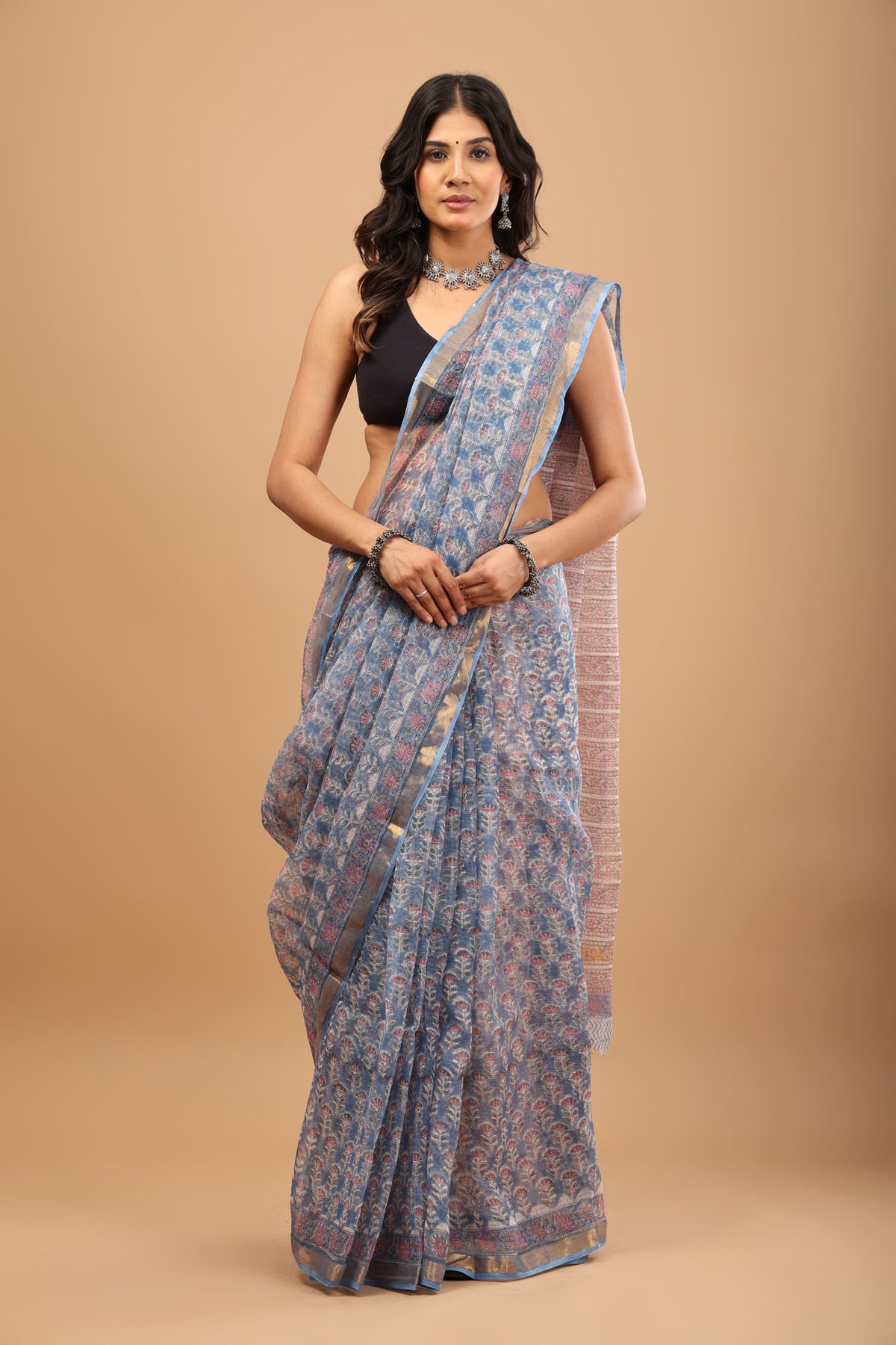 Sky Blue Kota Doriya Saree - Breathable Handblock Print