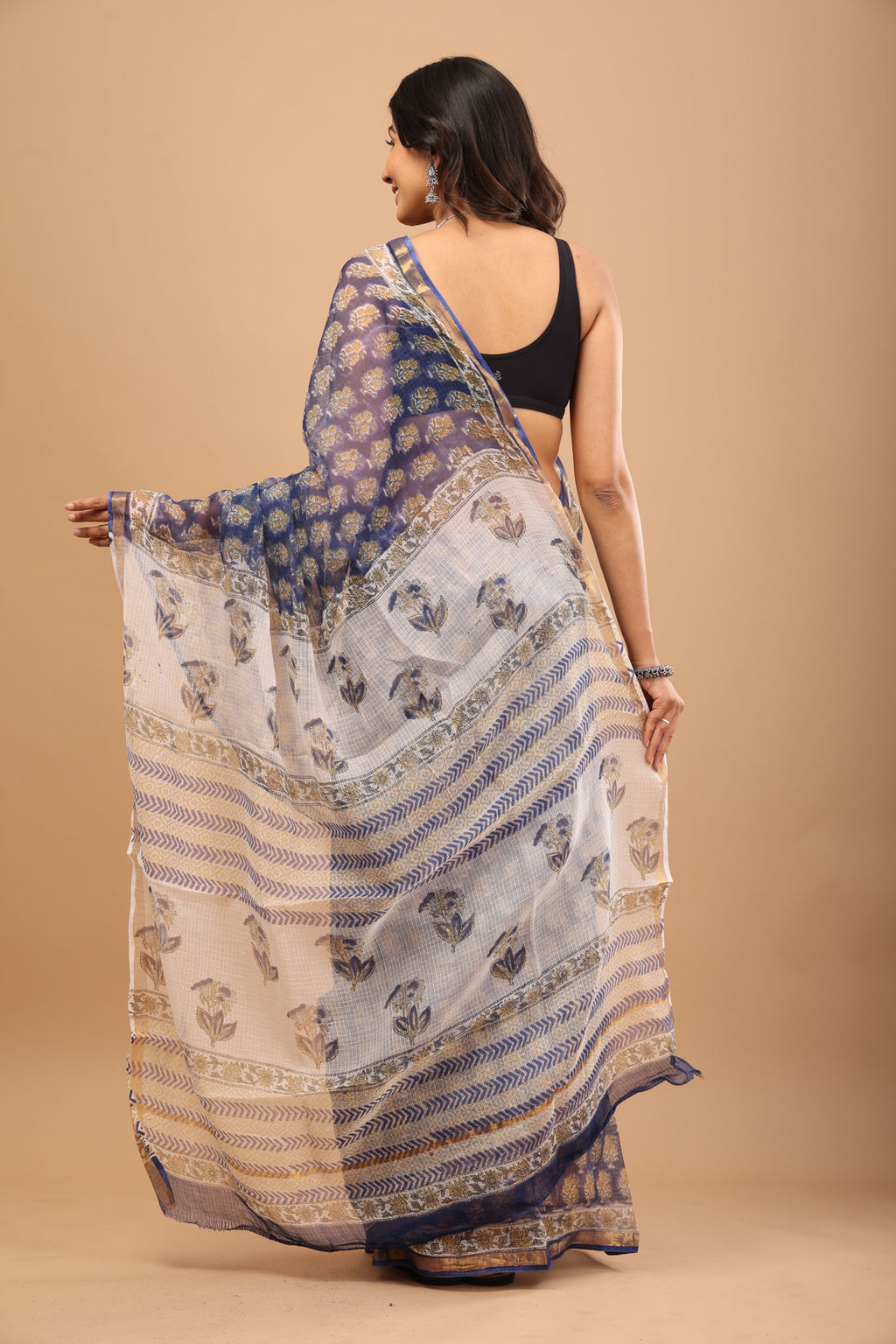 Blue Kota Doriya Saree - Handblock Print with Golden Border