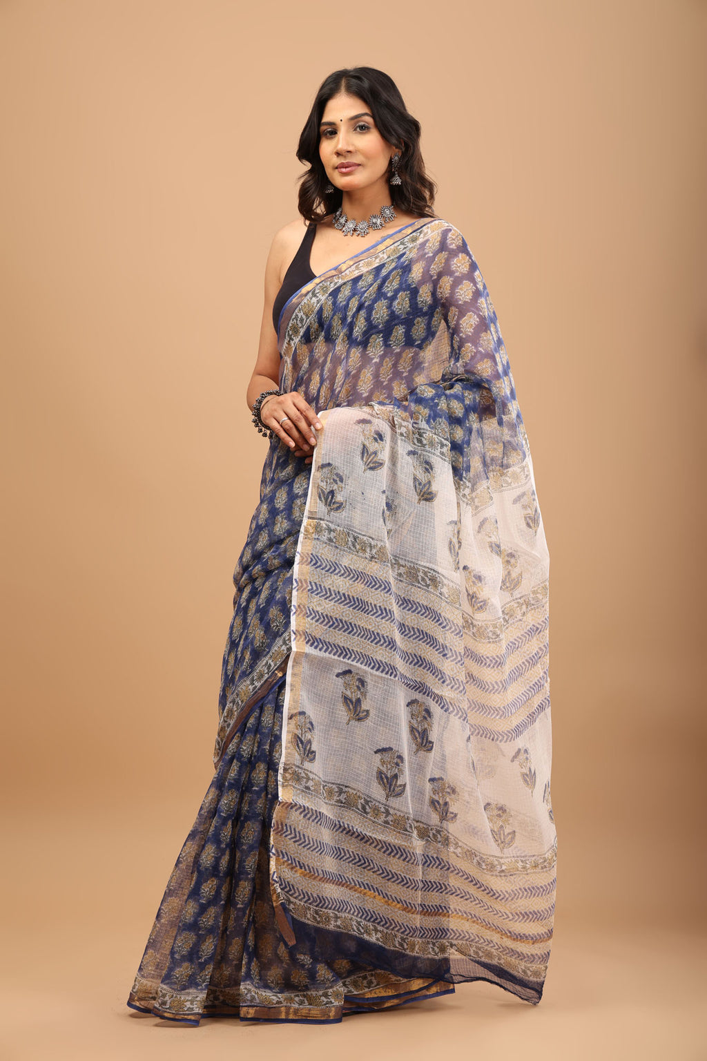 Blue Kota Doriya Saree - Handblock Print with Golden Border