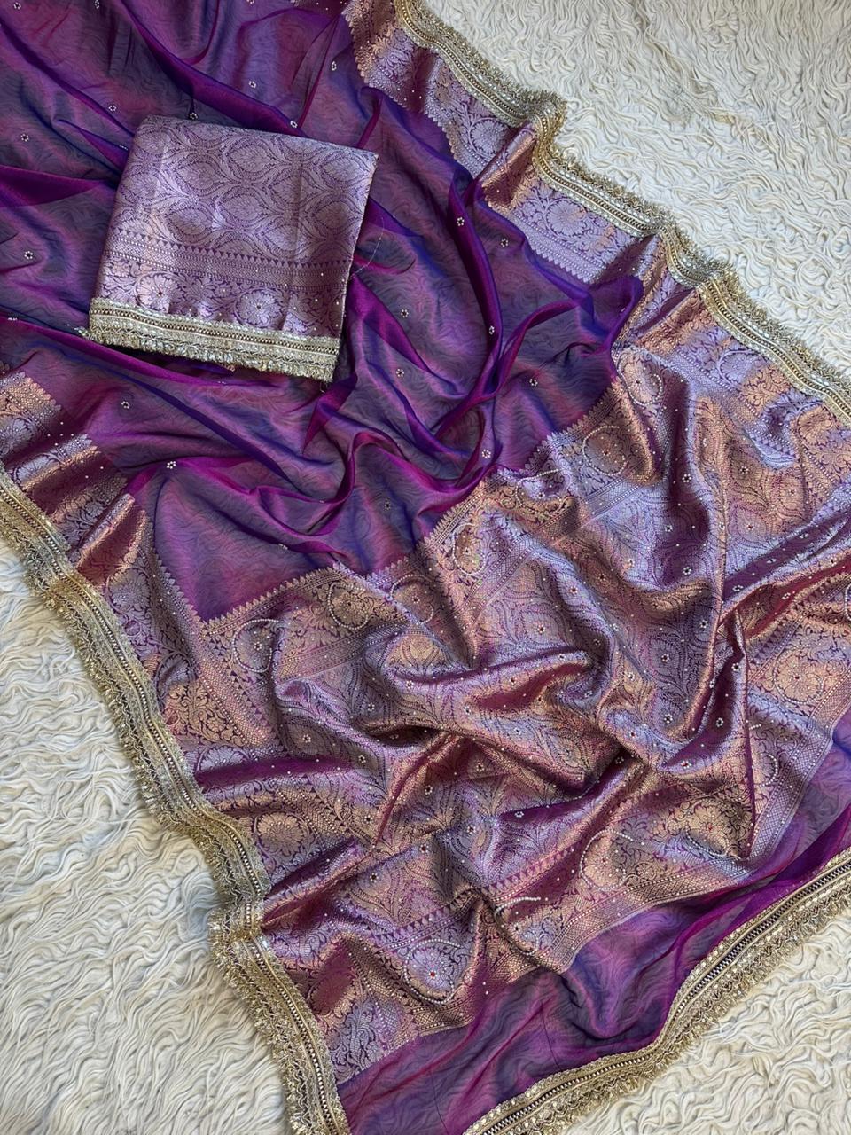 Designer Purple Banarasi Tissue Saree with Pearl Work