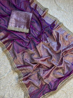 Designer Purple Banarasi Tissue Saree with Pearl Work