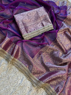 Designer Purple Banarasi Tissue Saree with Pearl Work
