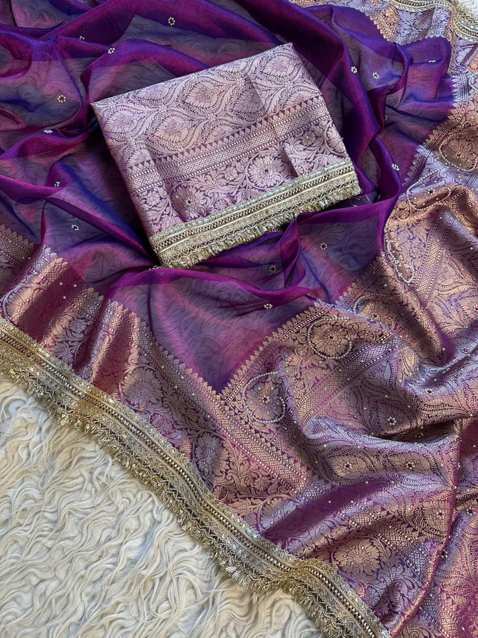 Designer Purple Banarasi Tissue Saree with Pearl Work
