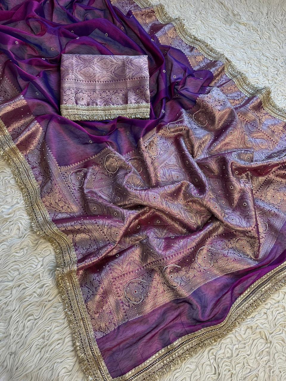 Designer Purple Banarasi Tissue Saree with Pearl Work