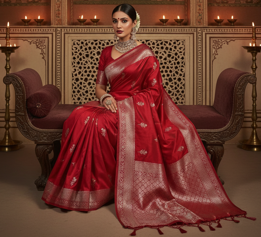 Red Banarsi Saree - Mughal Seated Pose