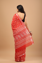 Red Linen Saree - Back Angle