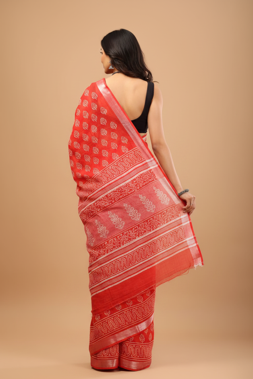 Red Linen Saree - Back Angle