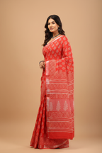 Red Linen Saree - Three Quarter Angle