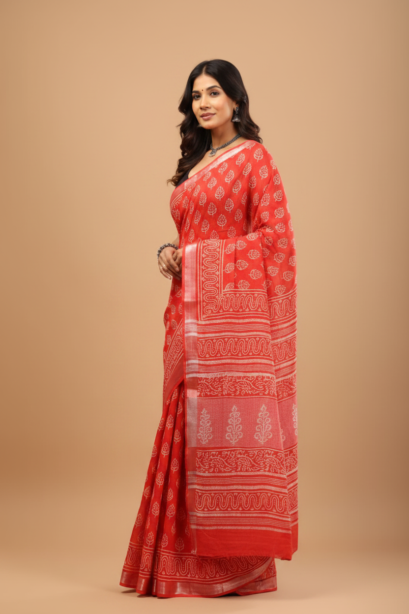 Red Linen Saree - Three Quarter Angle