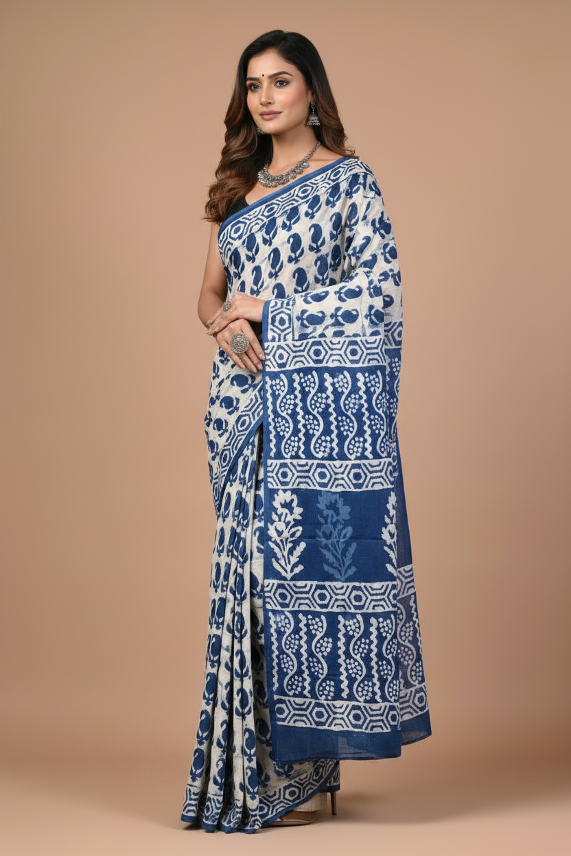 Three-Quarter - Indigo Handblock Saree